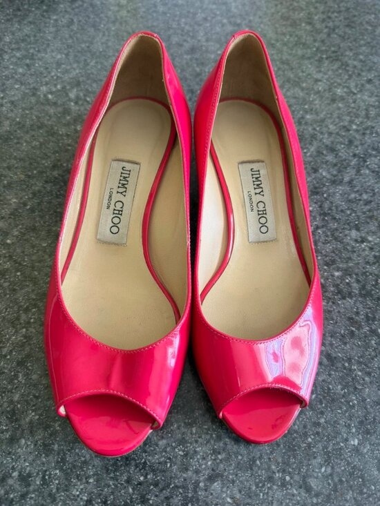 Jimmy Choo Shoes - Jimmy Choo Patent Leather Open Toe Wedge Hot Pink